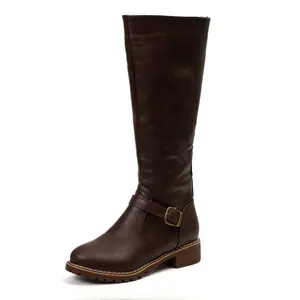 Detailed side view of elegant women's dark brown faux leather knee-high knight boots