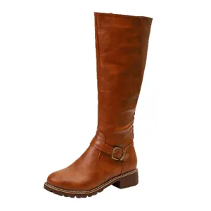 Brown knee-high knight boots for women with buckle strap and low heel comfortable design.