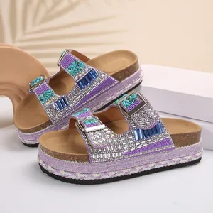 Women's Bohemian Wedge Platform Slippers Rhinestone Double Buckle Beach Sandals PU Leather Hemp Braid Casual Summer Shoes