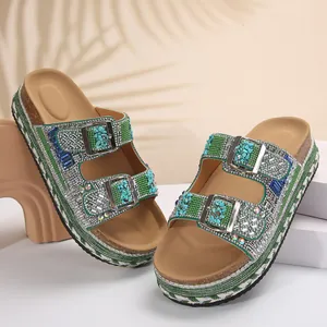 Bohemian platform sandals for women with green beadwork and turquoise stone accents
