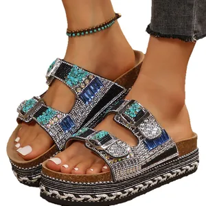 Women's platform slippers with rhinestones, turquoise accents and double buckle straps
