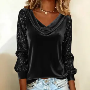 Elegant black velvet cowl neck top featuring sparkly sequined long sleeves detail