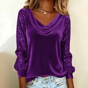 Elegant purple velvet cowl neck top featuring sparkling sequined long sleeves for party