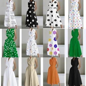 Women Summer Sleeveless V Neck Button Midi Dress Polka Dot Floral Fishtail Hem Commuter Casual Dress For Women