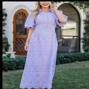 Robe Maxi Broderie Ajourée pour Femmes Col Polo Manches Bouffantes Couleur Unie Élégante Coupe en A Coton Robe de Plage