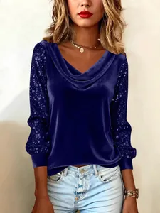 Women's navy blue velvet cowl neck top with shimmering sequin patchwork sleeves