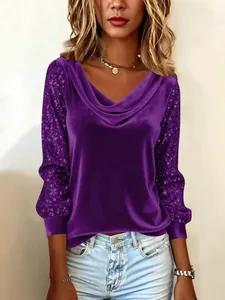 Elegant purple velvet cowl neck top featuring shimmering sequin-patchwork long sleeves