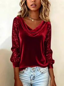 Elegant red velvet cowl neck top with shimmering sequin sleeves for a stylish party look