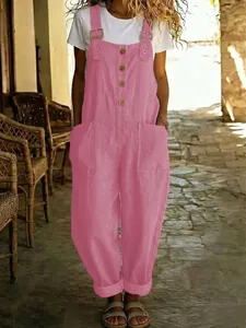 Sommerliche Retro-Latzhose aus Baumwolle und Leinen in Rosa mit Taschen für Damen.