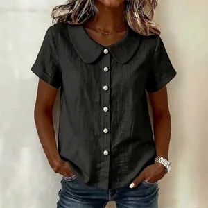 Classic black short sleeve Peter Pan collar shirt in breathable cotton linen fabric for women