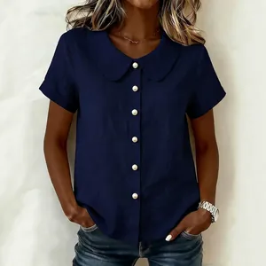 Navy blue cotton linen shirt for women with Peter Pan collar and white buttons