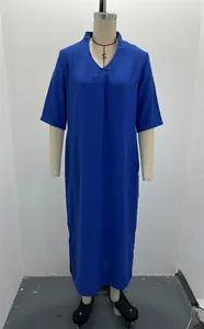 Elegant royal blue V-neck maxi dress featuring front pleats and side slits detail.