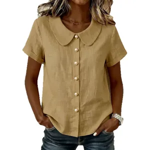 Women's khaki short sleeve cotton linen shirt with an elegant Peter Pan collar.