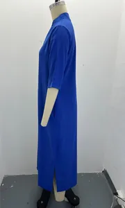 Detailed side view of royal blue summer maxi dress featuring a high side slit and 3/4 sleeves.