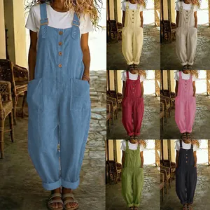 Damen Retro Polyester Jumpsuit Overalls Vintage Einfarbig Gerade Bein Spielanzug Mit Taschen Verstellbare Gurt Lässige Strampler
