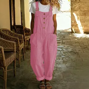 Vintage rosa Damen Latzhose aus Baumwolle und Leinen mit Taschen und lockerer, gerader Passform