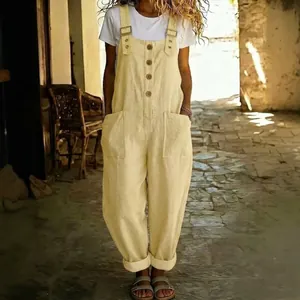 Vintage-Latzhose aus Baumwollleinen für Damen mit Taschen und funktionellen Knöpfen