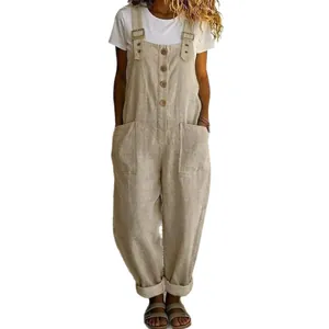 Lässige Damen-Latzhose aus Baumwollleinen mit Taschen und geradem Bein in Beige-Optik
