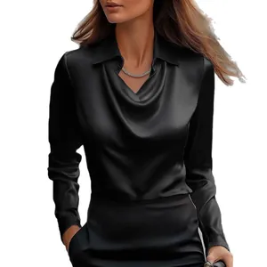 Elegant black satin long sleeve blouse with stylish cowl neck and shirt collar design