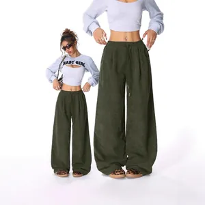 Women's casual high-waisted corduroy wide-leg trousers with adjustable drawstring