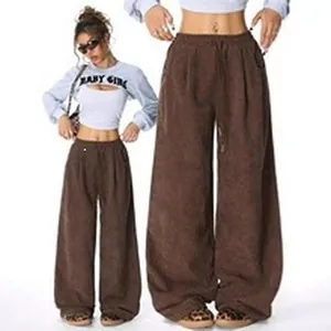 Casual high waist brown wide leg corduroy trousers with drawstring waist for women