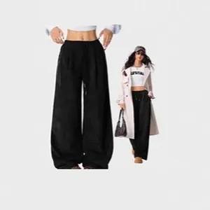 Trendy high waisted wide leg casual black trousers with adjustable drawstring for women