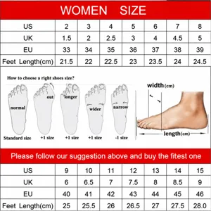 Guide des tailles de chaussures pour femmes montrant US UK EU et mesure de la longueur du pied