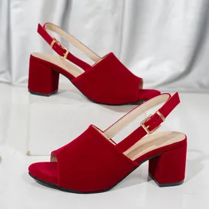 Elegant red velvet peep-toe sandals with chunky block heels and gold-tone buckle strap