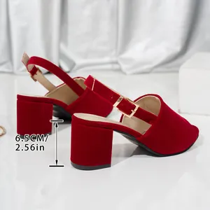 Elegant red velvet peep-toe sandals featuring 6.5cm chunky heel and buckle strap detail