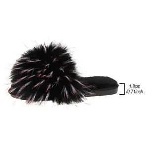 Detail view of stylish black faux fur slipper showing 1.8cm heel height measurement