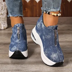 Damen Canvas Plateau Keilabsatz Sneaker Luftkissen Frontreißverschluss Dicke Sohle Lässige Sportschuhe Größensteigernde Schuhe