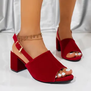 Elegant red velvet chunky heel sandals with an adjustable gold metal buckle strap