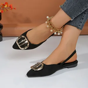 Women's Pointed Toe Flat Sandals Faux Suede Metal Buckle Slingback Shoes Summer Fashion Pointed Flat Mules For Women Dating Daily