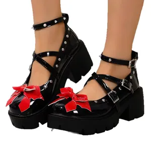 Japanese JK style black patent Mary Jane platform shoes with red bow and silver studs