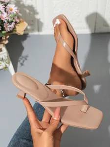 Elegant nude square toe thong kitten heel sandals for women summer fashion style
