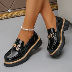 Women British Style Loafers Chunky Heel Platform Shoes PU Leather Metal Chain Decor Retro Office Lady Casual Shoes
