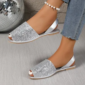 Silver sparkly glitter flat peep-toe sandals for women with soft sole and slingback