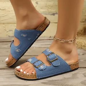 Mules élégantes en denim bleu pour femmes avec double boucle et semelle en liège confort
