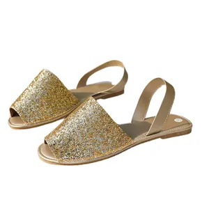 Glittery champagne gold peep-toe flat sandals for women summer style
