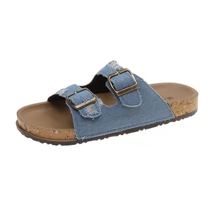 Sandales décontractées en denim bleu à double boucle pour femmes avec semelle en liège