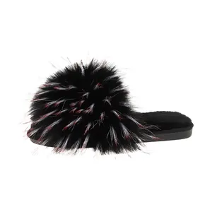 Stylish black faux fur slides for women with red and white highlights, autumn winter slippers