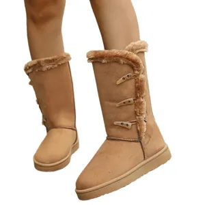 Stylish women's tan winter snow boots featuring warm faux fur trim and horn toggle buckles
