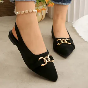 Black suede pointed toe slingback flats with gold horsebit chain detail for summer