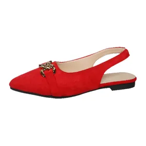 Red suede pointed toe slingback flats with gold horsebit buckle for women