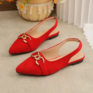 Vintage red suede flat slingback sandals for women with elegant gold horsebit buckle