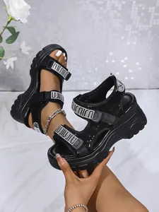 Sandales de sport à plateforme noires pour femmes avec strass et semelle épaisse pour la plage