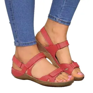Summer casual red leather wedge sandals for women with buckle strap and open-toe design