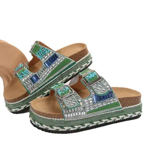 Boho double-strap rhinestone platform sandals with cork sole and woven rope detailing