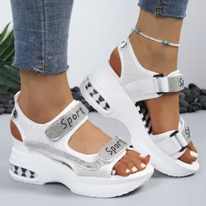 Women Platform Sport Sandals Breathable Mesh Rhinestone Letter Hook Loop Fastener Wedge Casual Thick Sole Walking Shoes