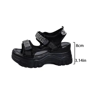 Sandales compensées noires pour femmes avec strass, talon de 8 cm et velcro